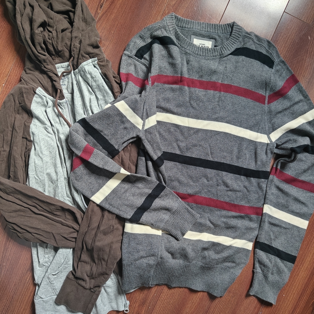 Old Navy Men's Striped Crewneck Sweater - Gray, Red, and Cream